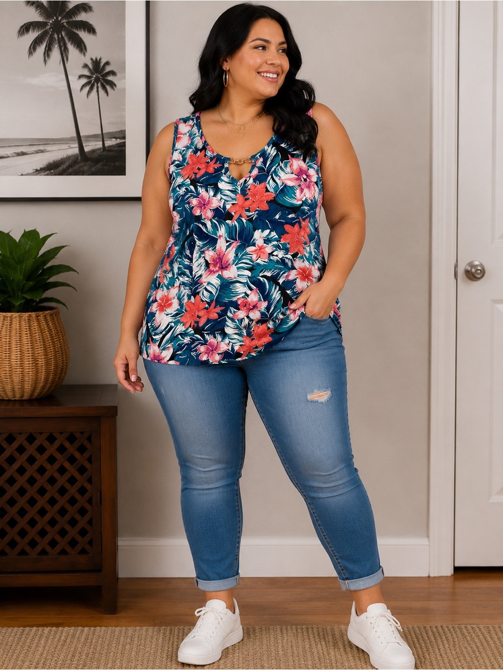 Tropical Floral Sleeveless Keyhole Top – XL